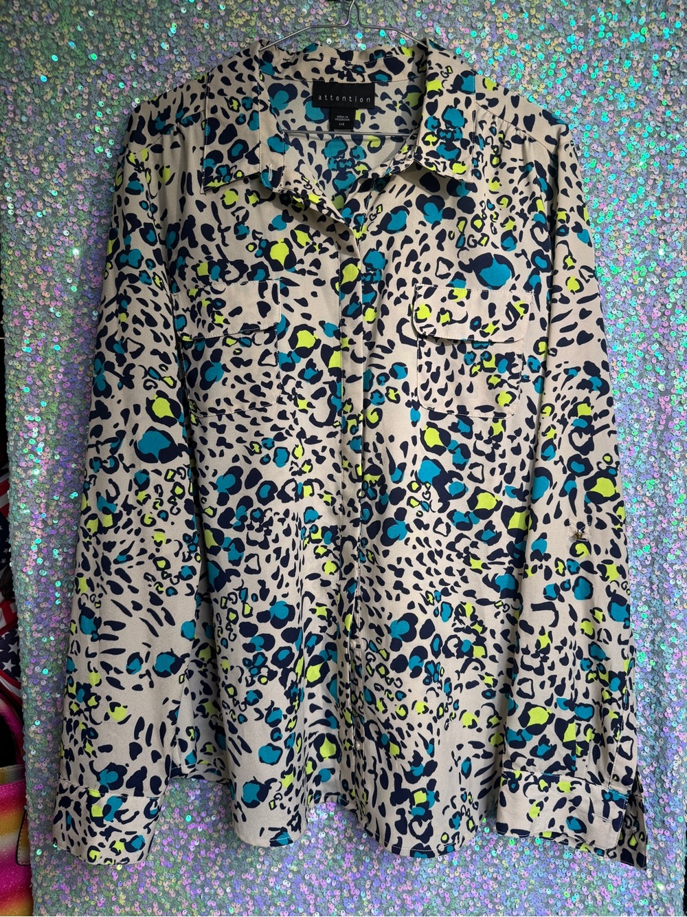 Attention Beige Neon Teal Green Animal-Print Button-Up Blouse